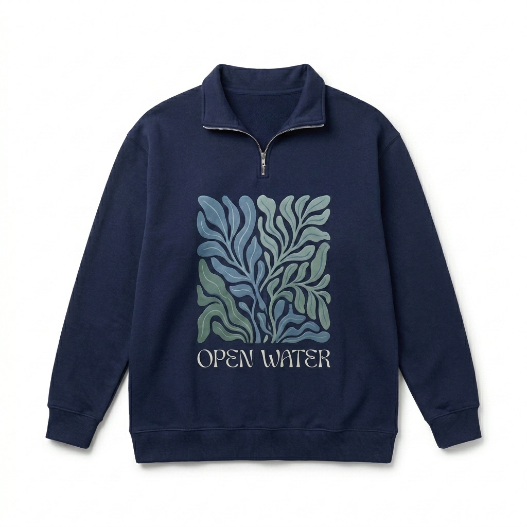 Custom Unisex Fleece Pullover design direction 2: Bold Abstract Graphic featuring the OPEN WATER wordmark