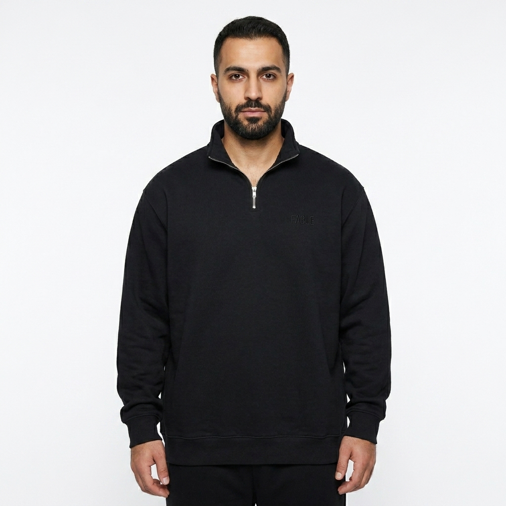 Unisex Fleece Pullover worn by a mid-size Persian male fashion influencer, downtown streetwear styling, studio lookbook — custom unisex fleece pullover