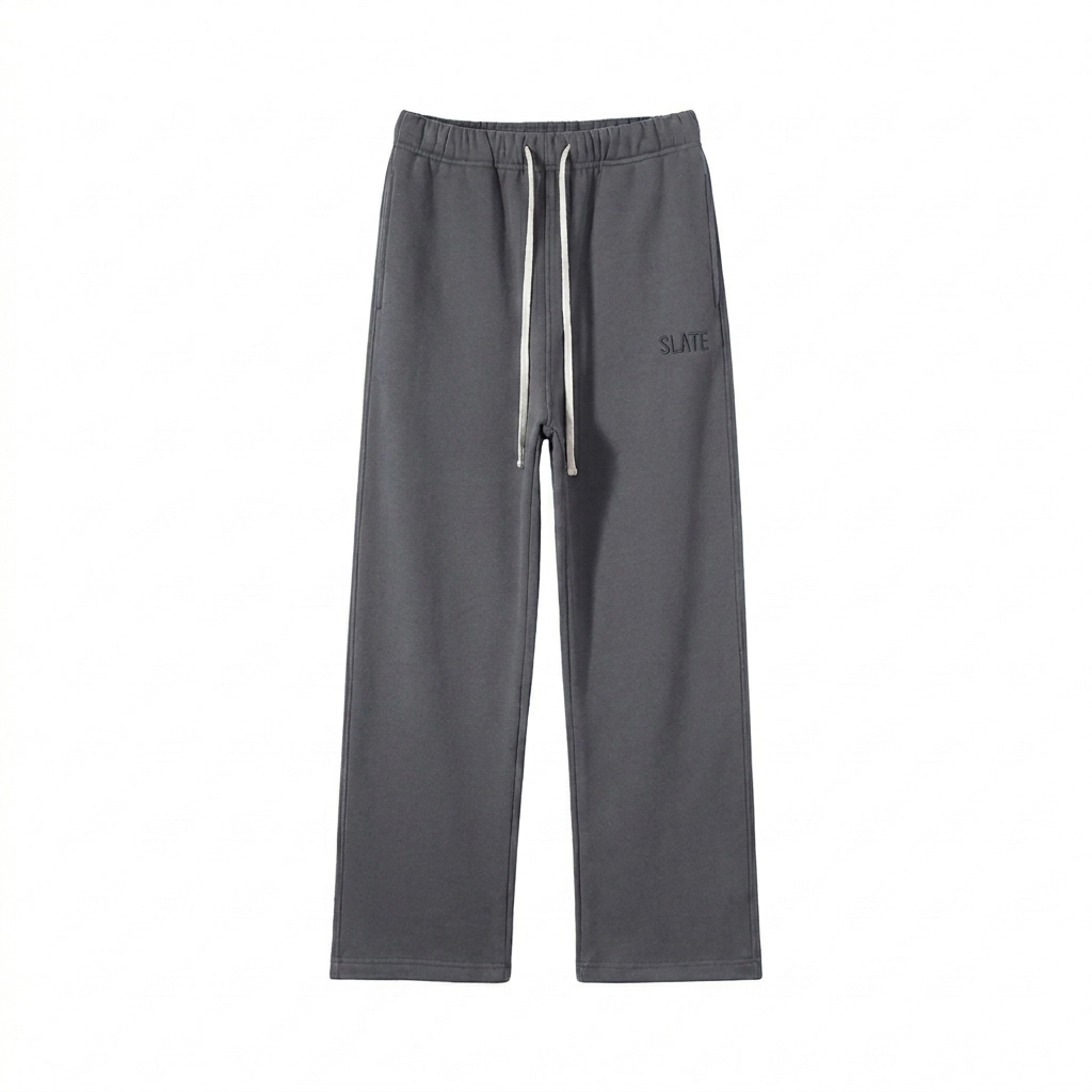 Custom Unisex Fleece Straight Leg Pants design direction 1: Minimalist Utility Wordmark featuring the SLATE wordmark