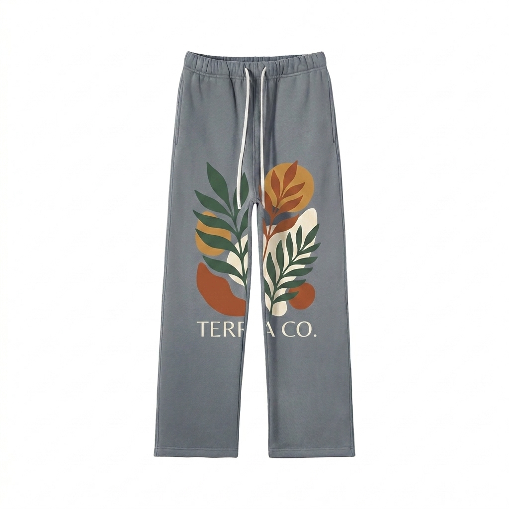 Custom Unisex Fleece Straight Leg Pants design direction 2: Abstract Botanical Graphic featuring the TERRA CO. wordmark