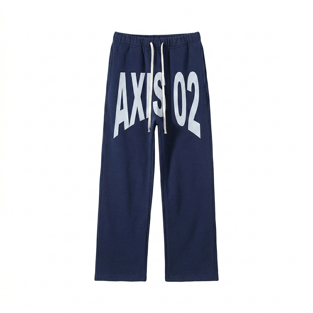 Custom Unisex Fleece Straight Leg Pants design direction 3: Deconstructed Type Experiment featuring the AXIS 02 wordmark