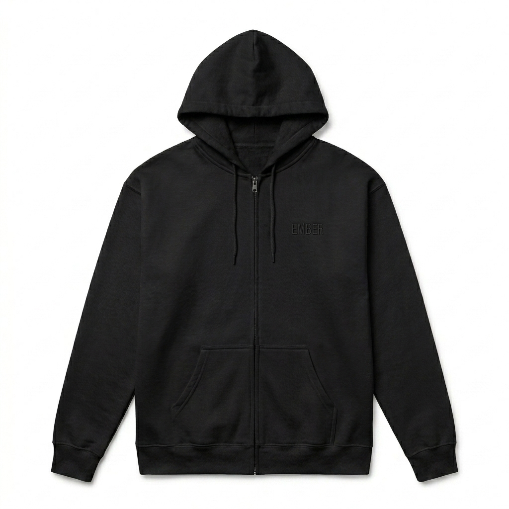 Custom Unisex Fleece Zip Hoodie design direction 1: Subtle Tonal Wordmark featuring the EMBER wordmark