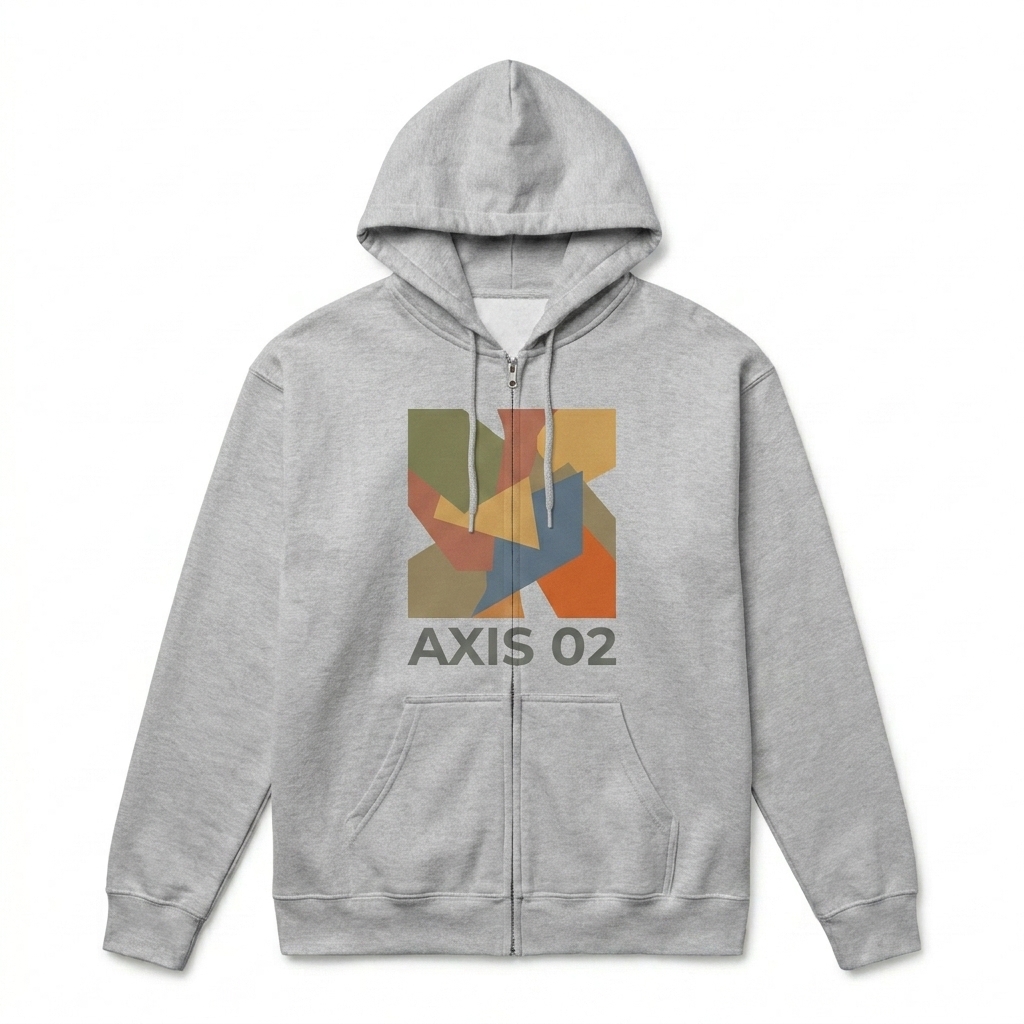 Custom Unisex Fleece Zip Hoodie design direction 2: Abstract Geometric Graphic featuring the AXIS 02 wordmark