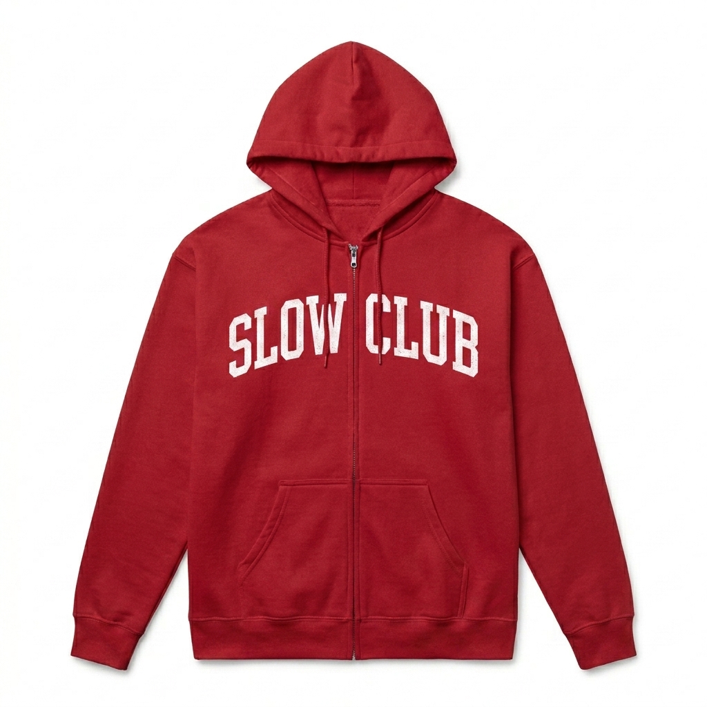 Custom Unisex Fleece Zip Hoodie design direction 3: Varsity Lettering featuring the SLOW CLUB wordmark