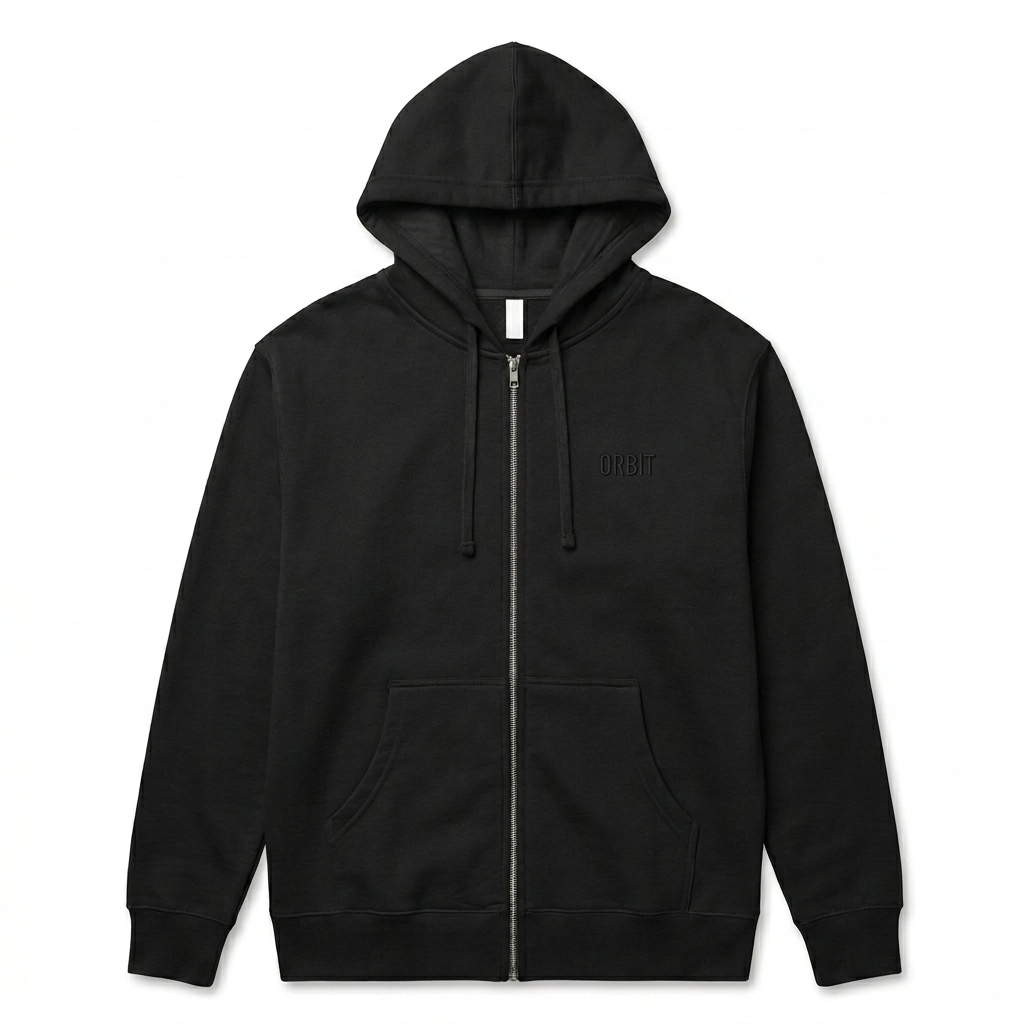 Custom Unisex Fleece Zip-Up Hoodie design direction 1: Tonal Minimalist Wordmark featuring the ORBIT wordmark