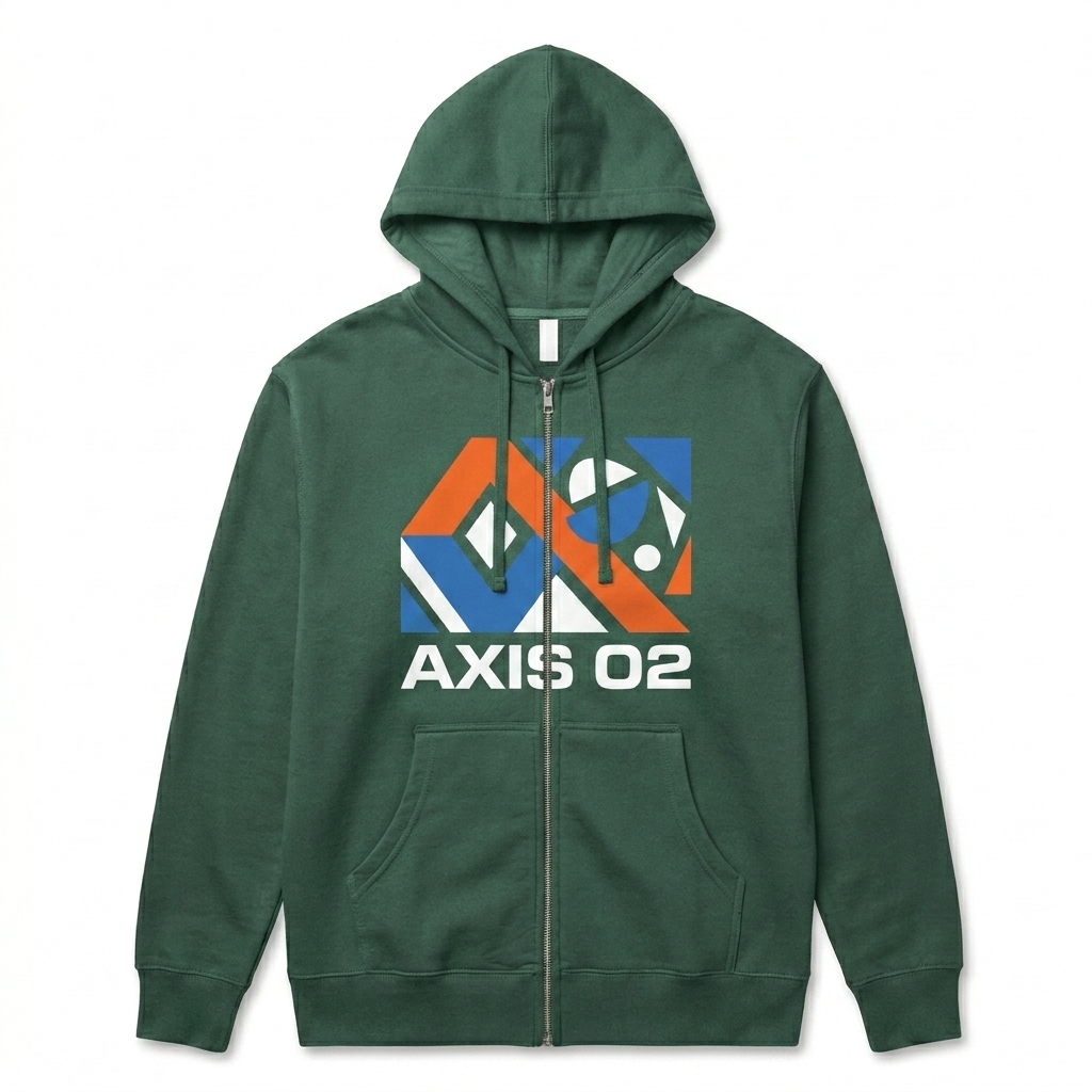 Custom Unisex Fleece Zip-Up Hoodie design direction 2: Bold Abstract Graphic featuring the AXIS 02 wordmark