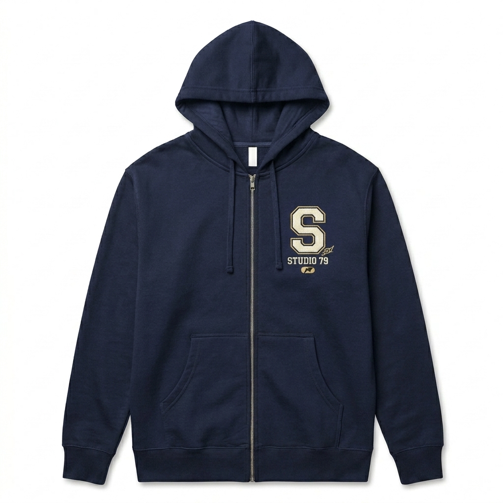 Custom Unisex Fleece Zip-Up Hoodie design direction 3: Retro Collegiate Emblem featuring the STUDIO 79 wordmark