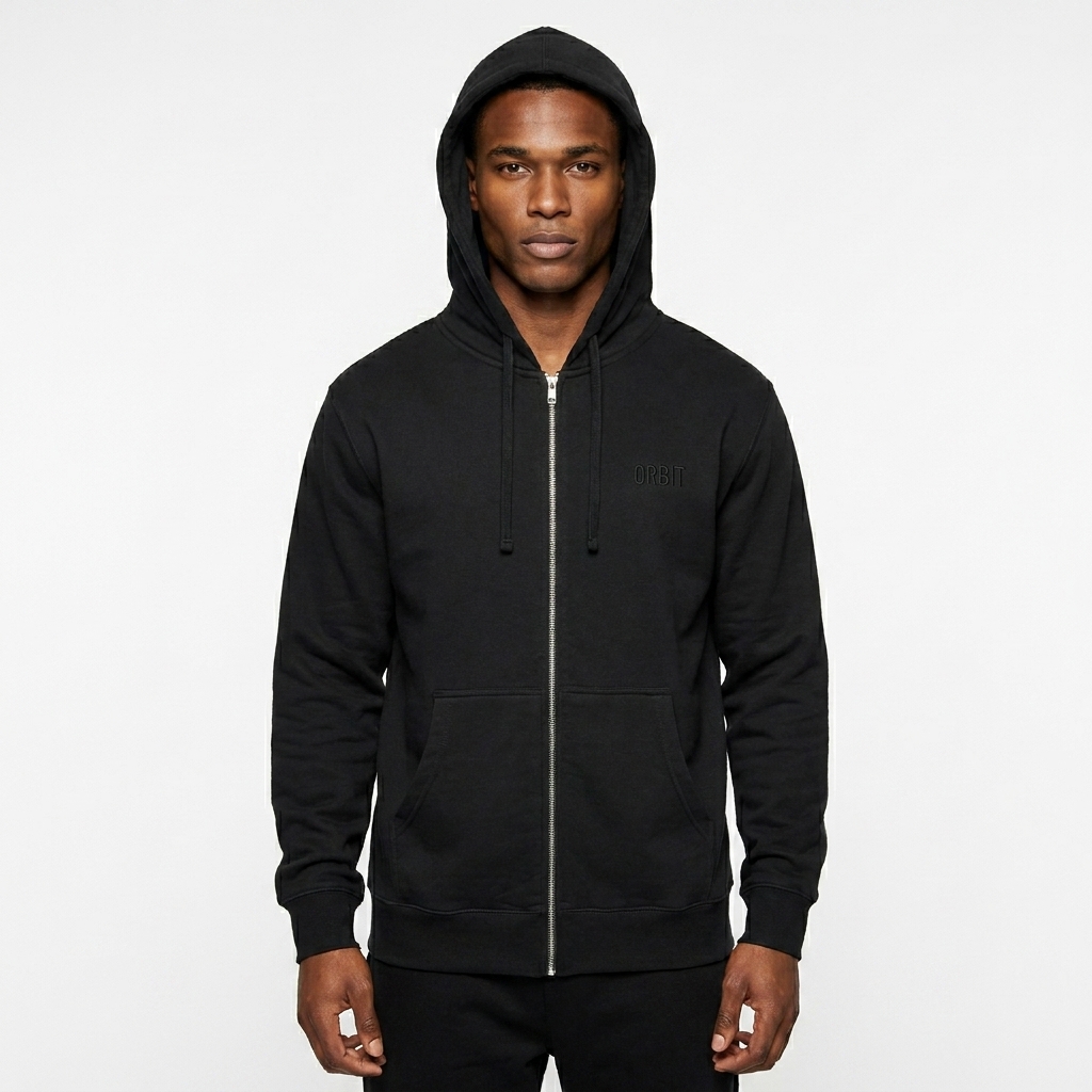 Unisex Fleece Zip-Up Hoodie worn by a toned Afro-Caribbean male fashion influencer, preppy ivy styling, studio lookbook — custom unisex fleece zip-up hoodie