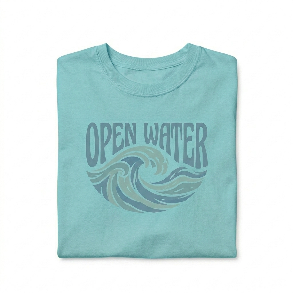 Custom Unisex Garment-Dyed Heavyweight T-Shirt design direction 2: Abstract Wave Graphic featuring the OPEN WATER wordmark