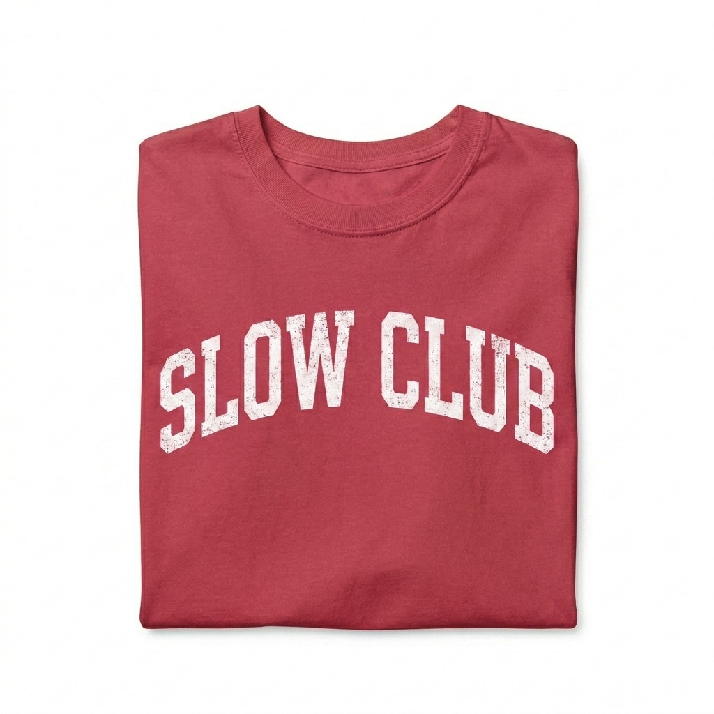 Custom Unisex Garment-Dyed Heavyweight T-Shirt design direction 3: Retro Collegiate Text featuring the SLOW CLUB wordmark