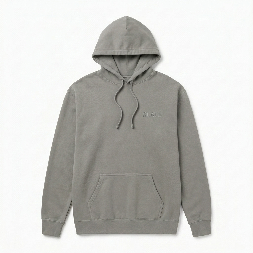 Custom Unisex Garment-Dyed Hoodie design direction 1: Tonal Heritage Wordmark featuring the SLATE wordmark