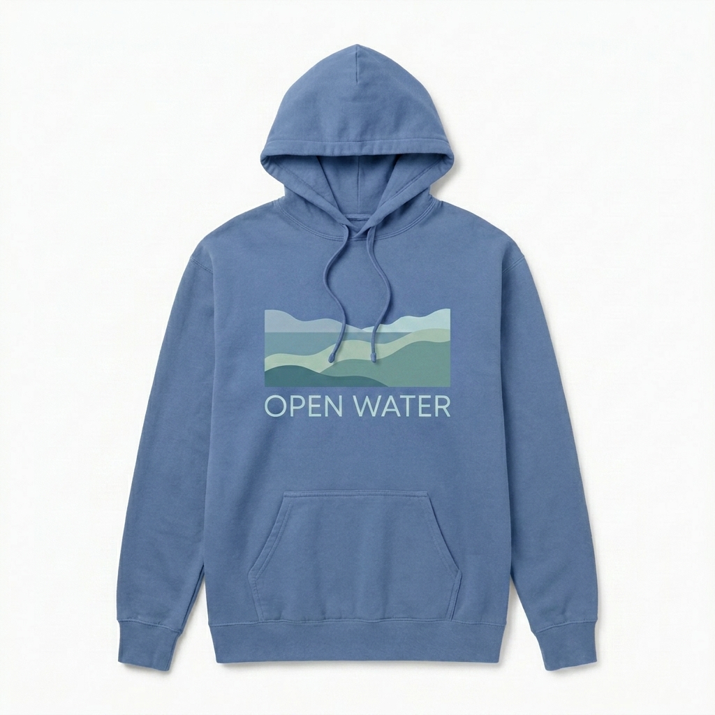 Custom Unisex Garment-Dyed Hoodie design direction 2: Abstract Horizon Graphic featuring the OPEN WATER wordmark