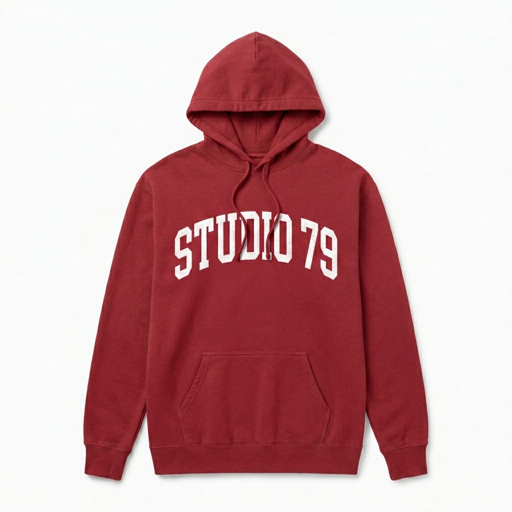 Custom Unisex Garment-Dyed Hoodie design direction 3: Collegiate Arch Wordmark featuring the STUDIO 79 wordmark