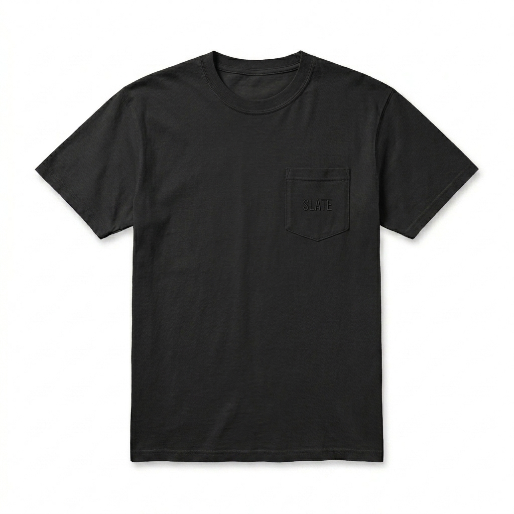Custom Unisex Garment-Dyed Pocket T-Shirt design direction 1: Tonal Minimalist Wordmark featuring the SLATE wordmark