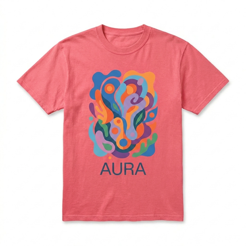 Custom Unisex Garment-Dyed Pocket T-Shirt design direction 2: Bold Abstract Graphic featuring the AURA wordmark