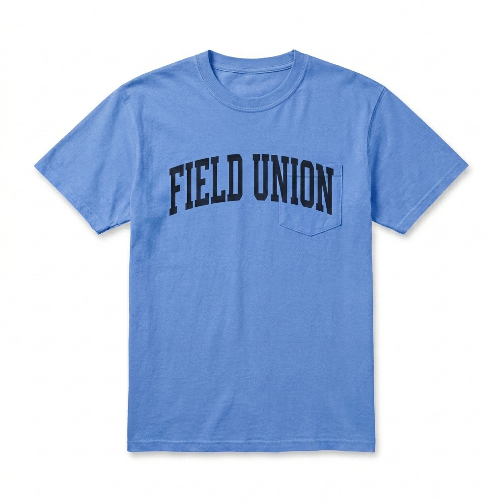 Custom Unisex Garment-Dyed Pocket T-Shirt design direction 3: Retro Collegiate Emblem featuring the FIELD UNION wordmark