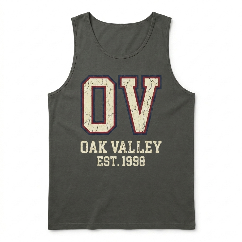 Custom Unisex Garment-Dyed Tank Top design direction 3: Retro Collegiate Emblem featuring the OAK VALLEY wordmark