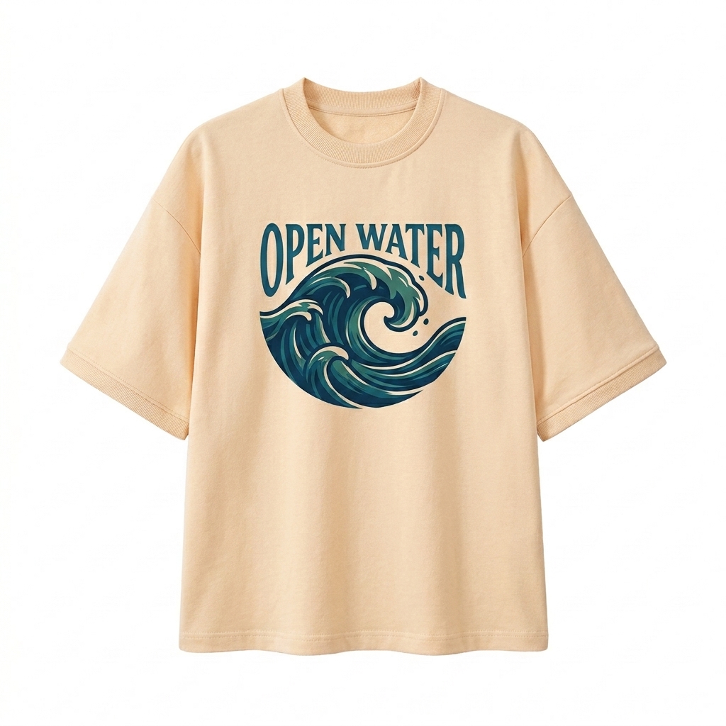 Custom Unisex Heavyweight Boxy T-Shirt design direction 2: Abstract Nature Graphic featuring the OPEN WATER wordmark