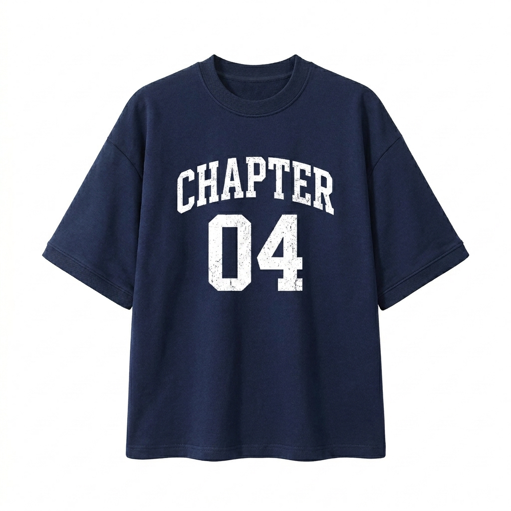 Custom Unisex Heavyweight Boxy T-Shirt design direction 3: Vintage Collegiate Style featuring the CHAPTER 04 wordmark