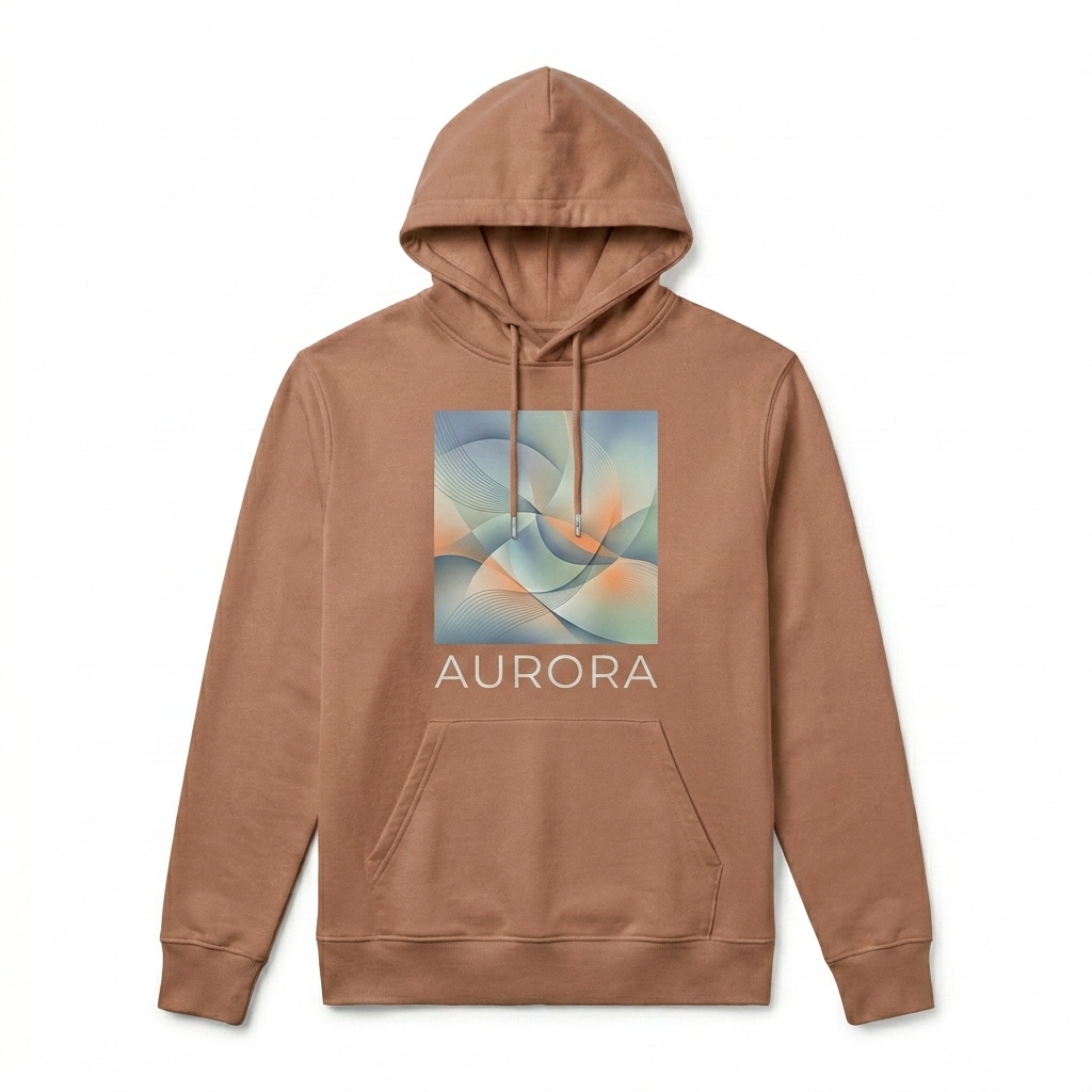 Custom Unisex Heavyweight Organic Pullover Hoodie design direction 2: Bold Abstract Graphic featuring the AURORA wordmark