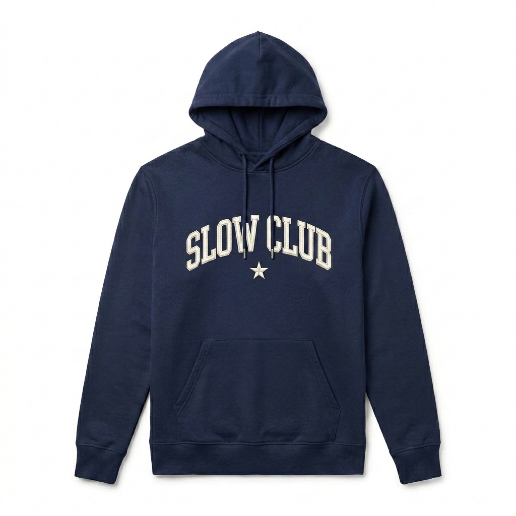 Custom Unisex Heavyweight Organic Pullover Hoodie design direction 3: Retro Collegiate Emblem featuring the SLOW CLUB wordmark