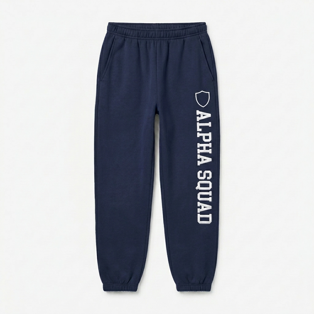 Custom Unisex Heavyweight Sweatpants design direction 3: Retro Collegiate Emblem featuring the ALPHA SQUAD wordmark
