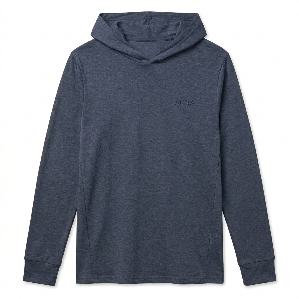 Custom Unisex Hooded Long Sleeve Tee design direction 1: Minimalist Wordmark featuring the AURA wordmark