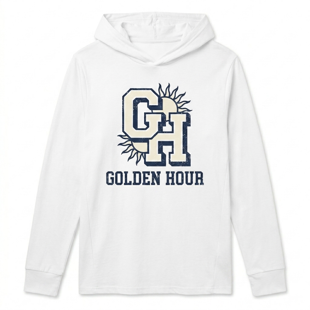 Custom Unisex Hooded Long Sleeve Tee design direction 2: Retro Collegiate Graphic featuring the GOLDEN HOUR wordmark