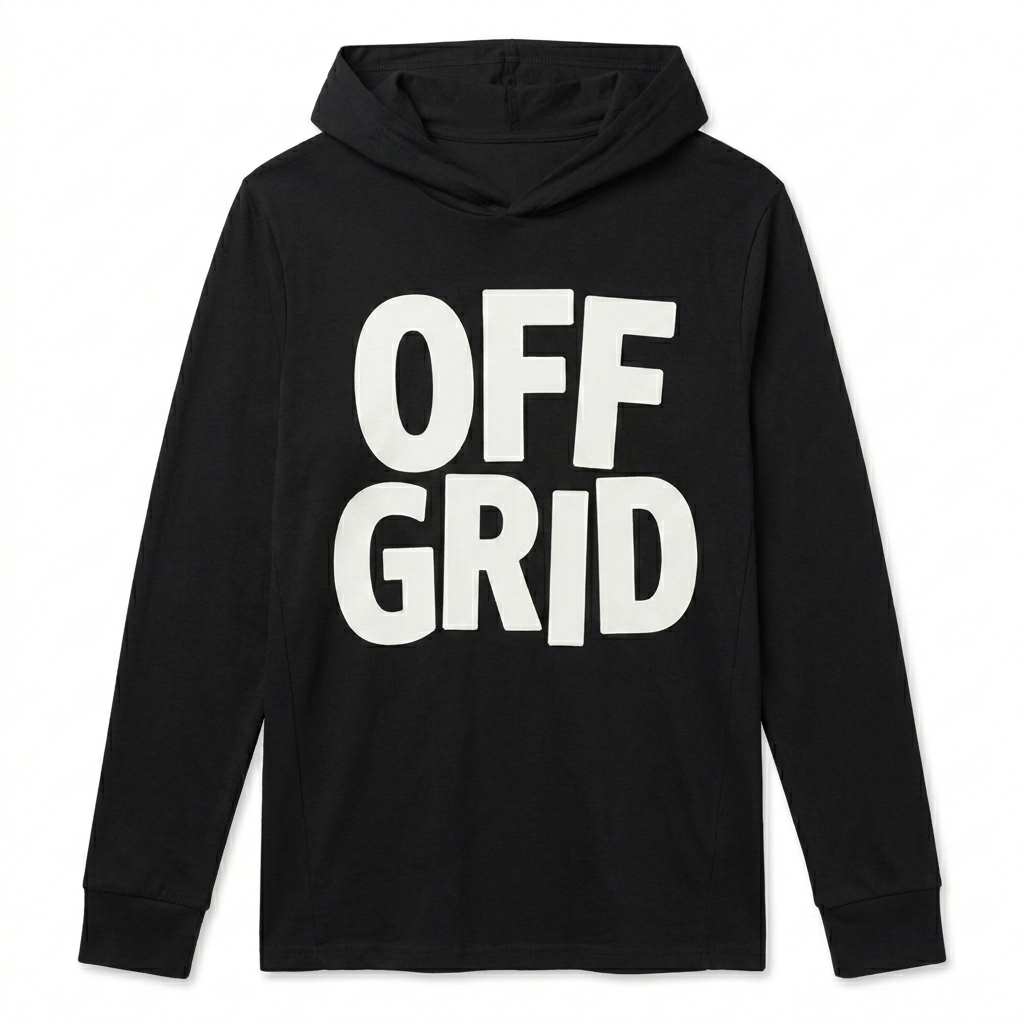 Custom Unisex Hooded Long Sleeve Tee design direction 3: Skateboard Streetwear featuring the OFF GRID wordmark