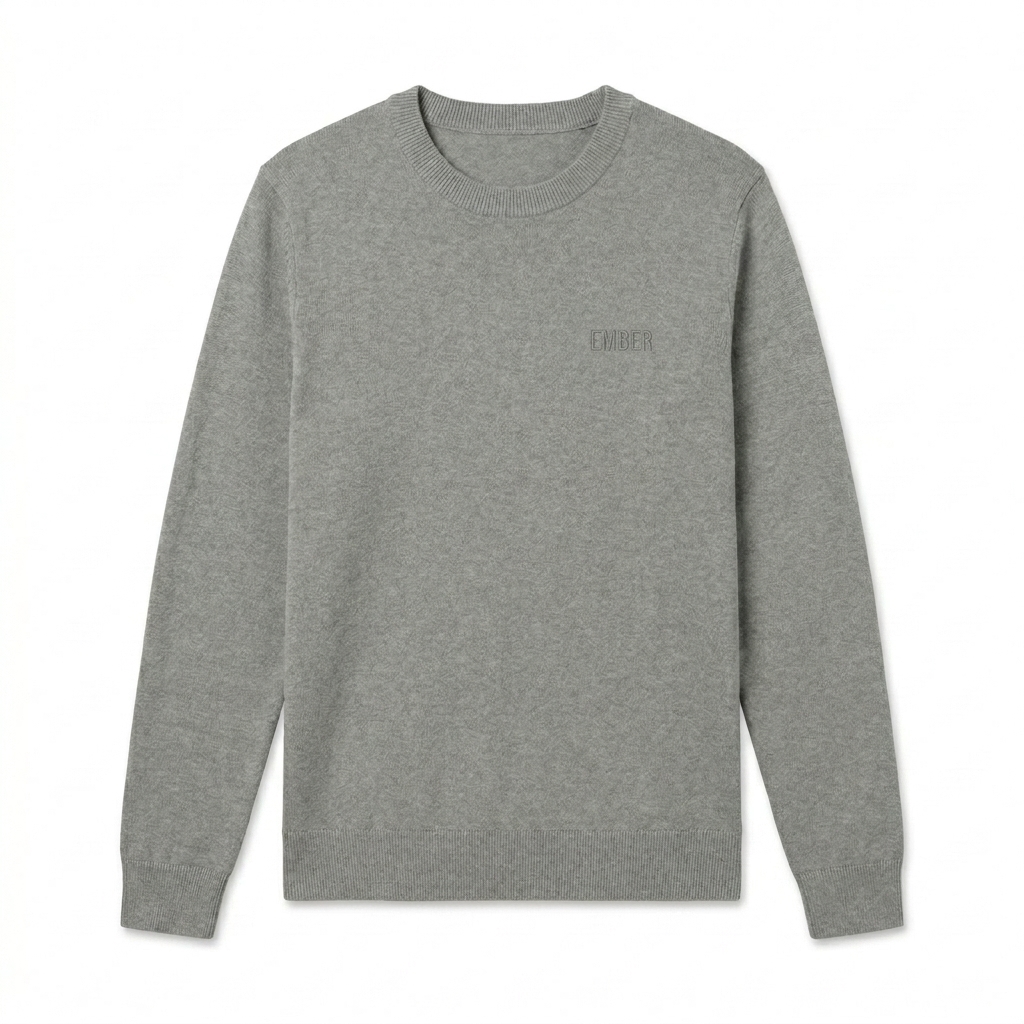 Custom Unisex Knit Crewneck Sweater design direction 1: Subtle Brand Mark featuring the EMBER wordmark