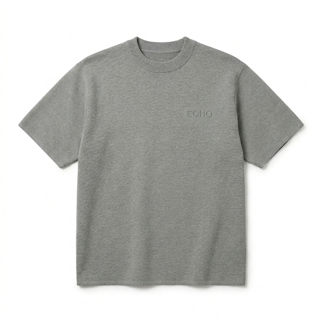 Custom Unisex Knitted T-Shirt design direction 1: Tonal Knit Wordmark featuring the ECHO wordmark