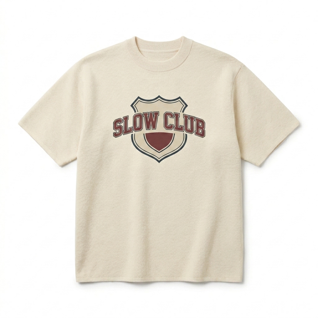 Custom Unisex Knitted T-Shirt design direction 3: Collegiate Knit Emblem featuring the SLOW CLUB wordmark
