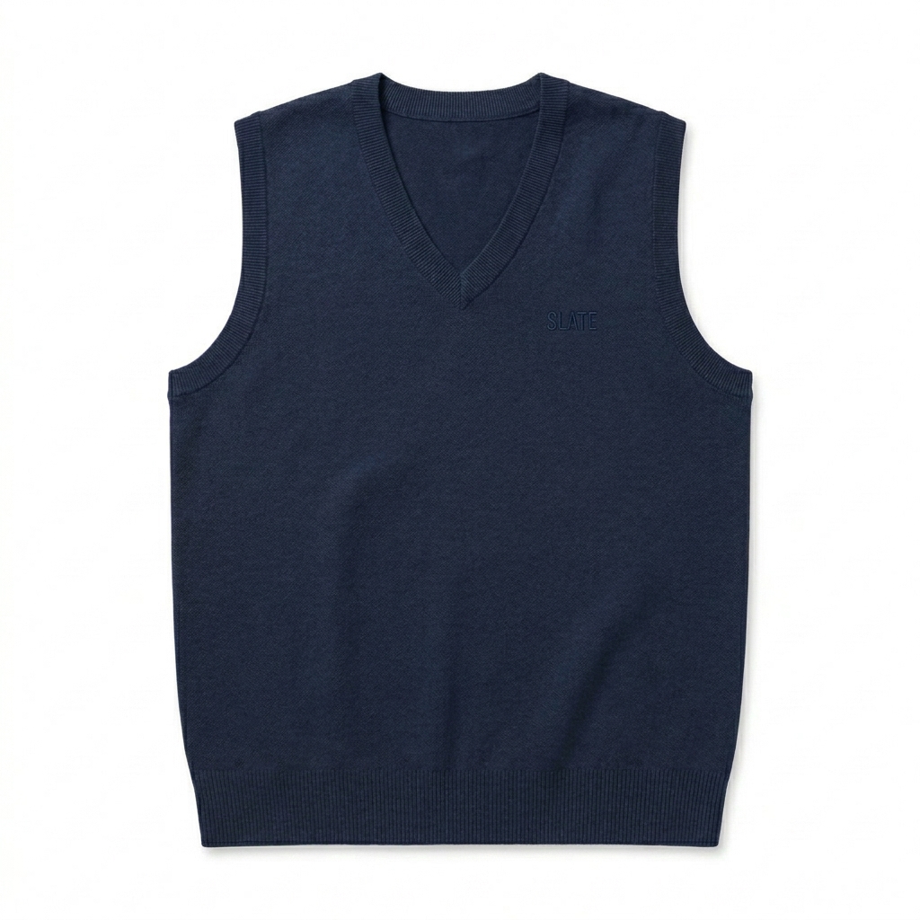 Custom Unisex Knitted V-Neck Vest design direction 1: Subtle Tonal Wordmark featuring the SLATE wordmark