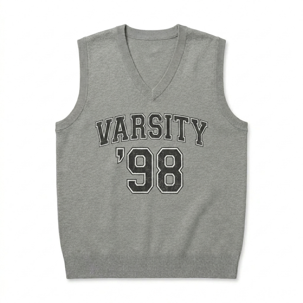Custom Unisex Knitted V-Neck Vest design direction 2: Vintage Collegiate Graphic featuring the VARSITY '98 wordmark