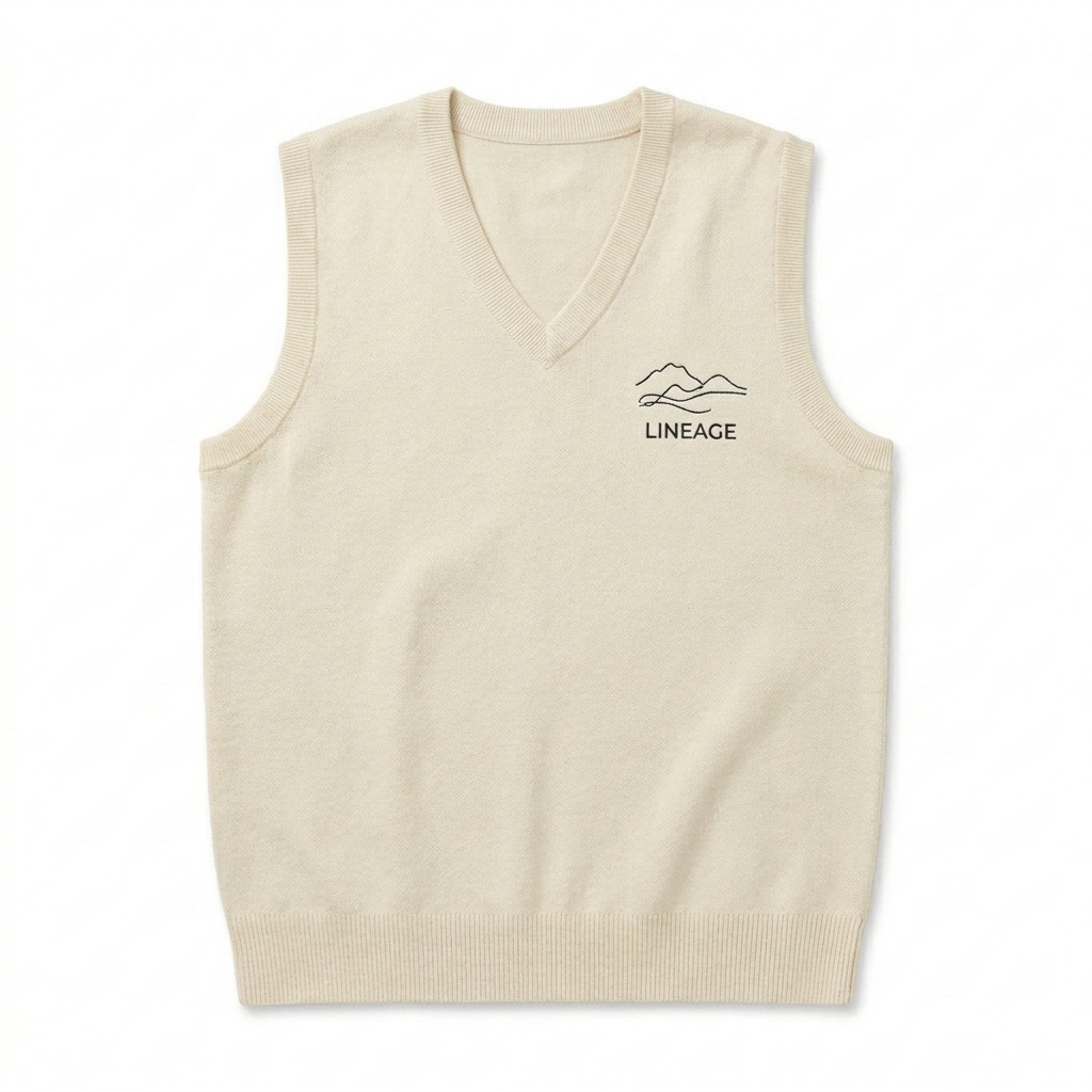 Custom Unisex Knitted V-Neck Vest design direction 3: Abstract Line Art featuring the LINEAGE wordmark