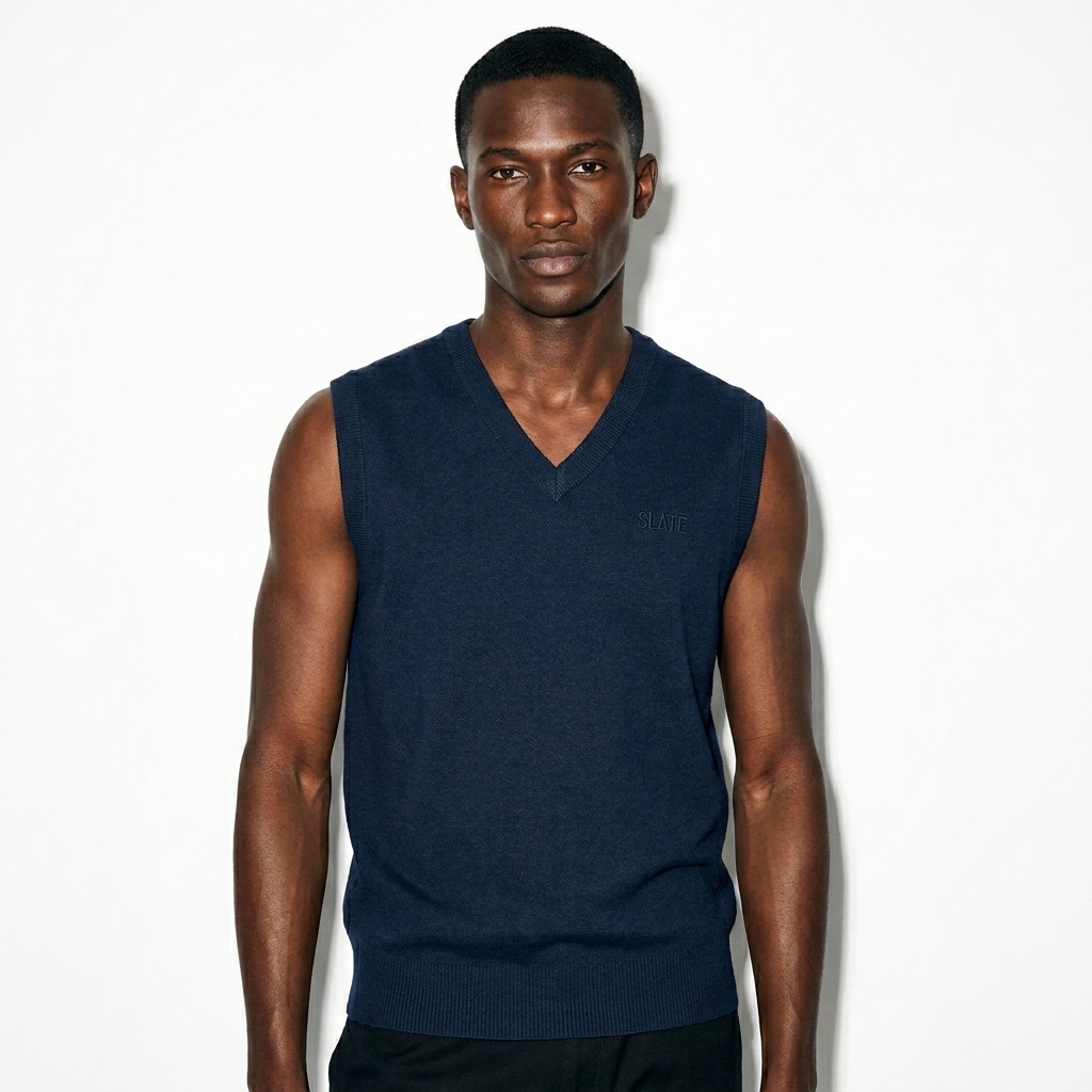 Unisex Knitted V-Neck Vest worn by a slim tall West African male fashion influencer, techwear modern styling, studio lookbook — custom unisex knitted v-neck vest