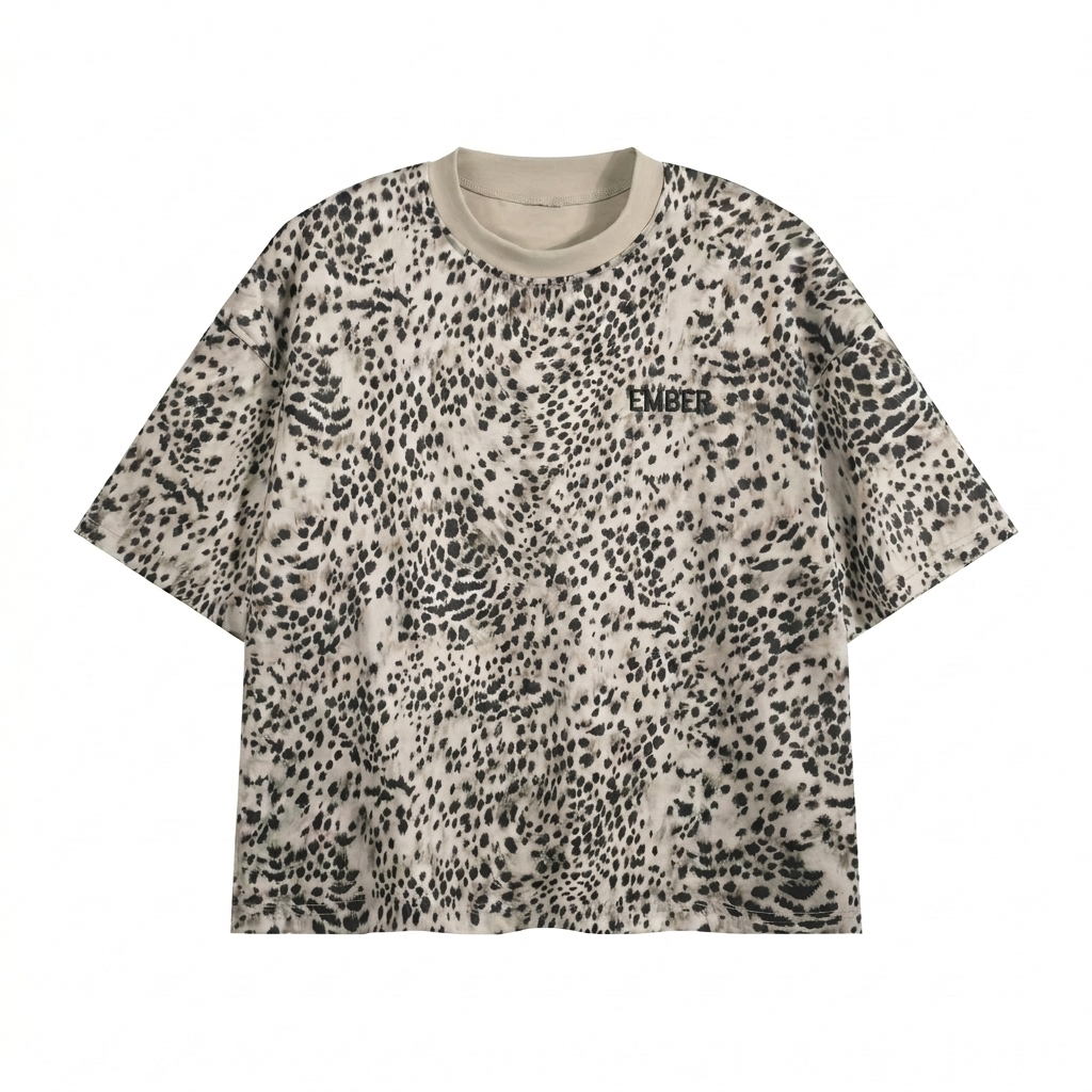 Custom Unisex Leopard Print Boxy T-Shirt design direction 1: Tonal Wordmark featuring the EMBER wordmark
