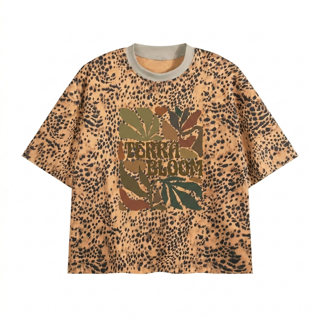 Custom Unisex Leopard Print Boxy T-Shirt design direction 2: Abstract Bloom Graphic featuring the TERRA BLOOM wordmark