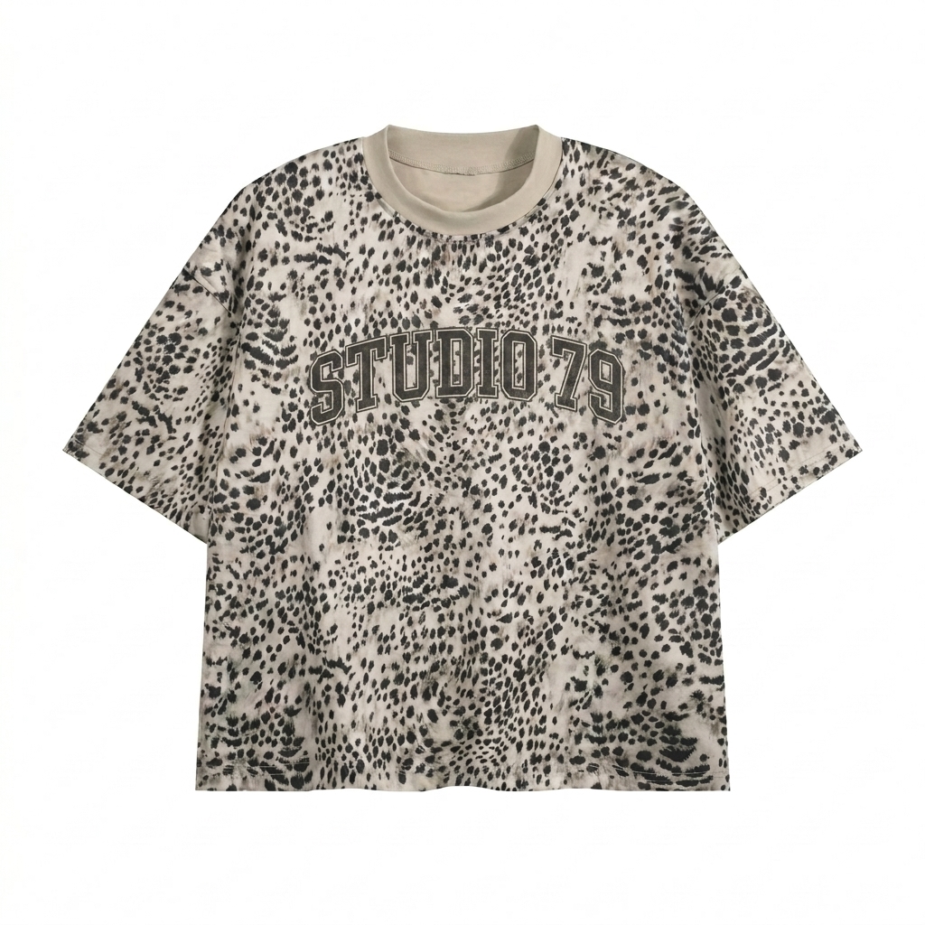 Custom Unisex Leopard Print Boxy T-Shirt design direction 3: Varsity Emblem featuring the STUDIO 79 wordmark