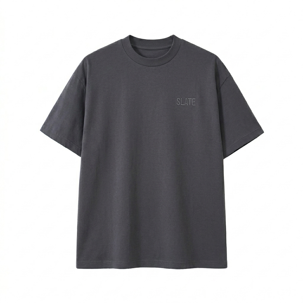 Custom Unisex Lightweight Oversized T-Shirt design direction 1: Subtle Tonal Branding featuring the SLATE wordmark