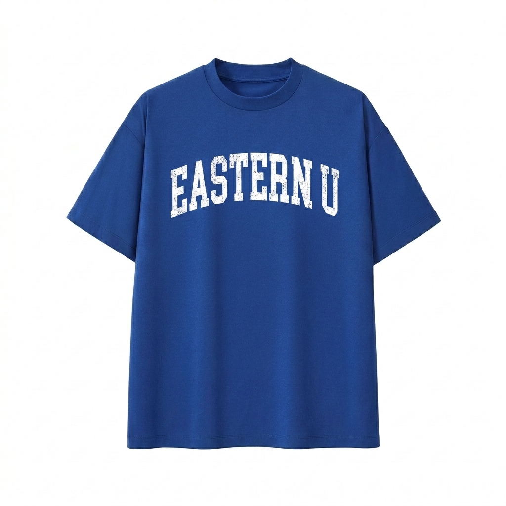 Custom Unisex Lightweight Oversized T-Shirt design direction 3: Vintage Collegiate Wordmark featuring the EASTERN U wordmark