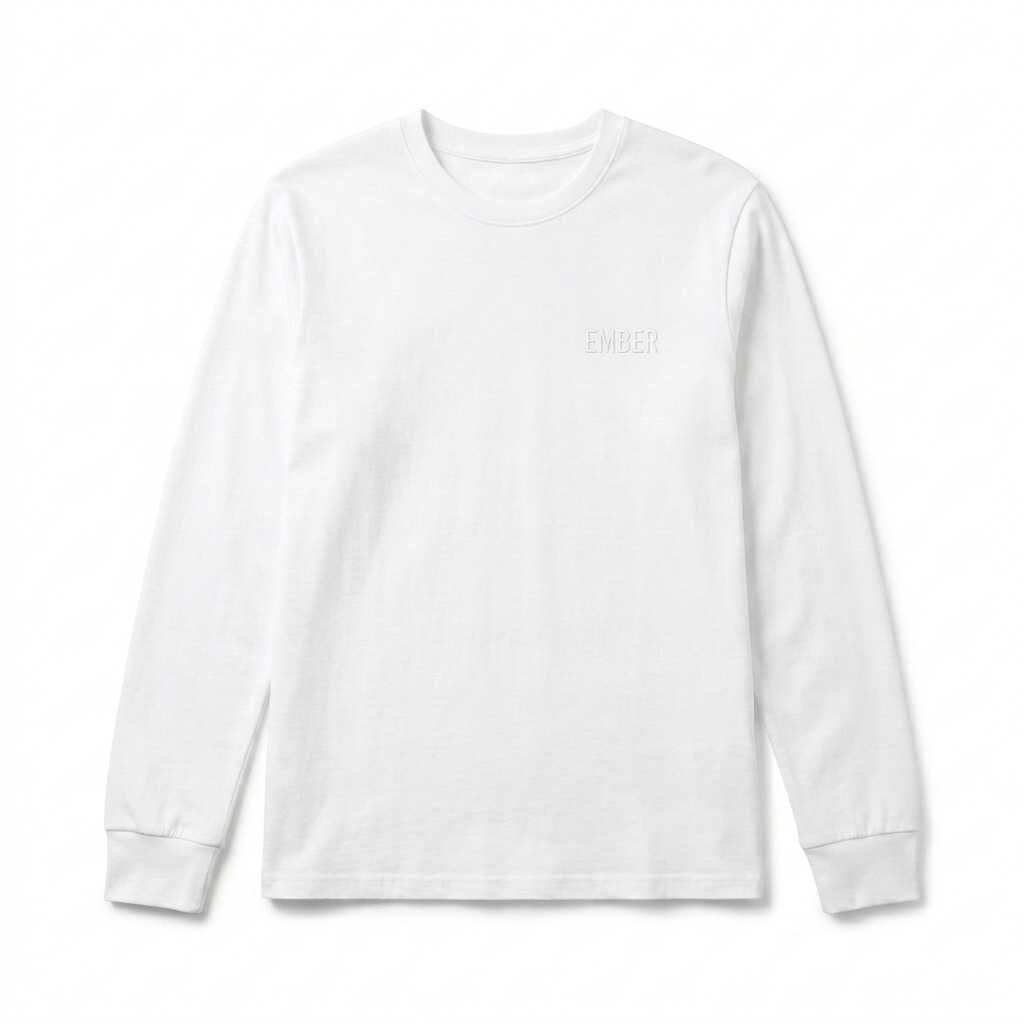 Custom Unisex Long Sleeve Tee design direction 1: Tonal Minimalist Wordmark featuring the EMBER wordmark