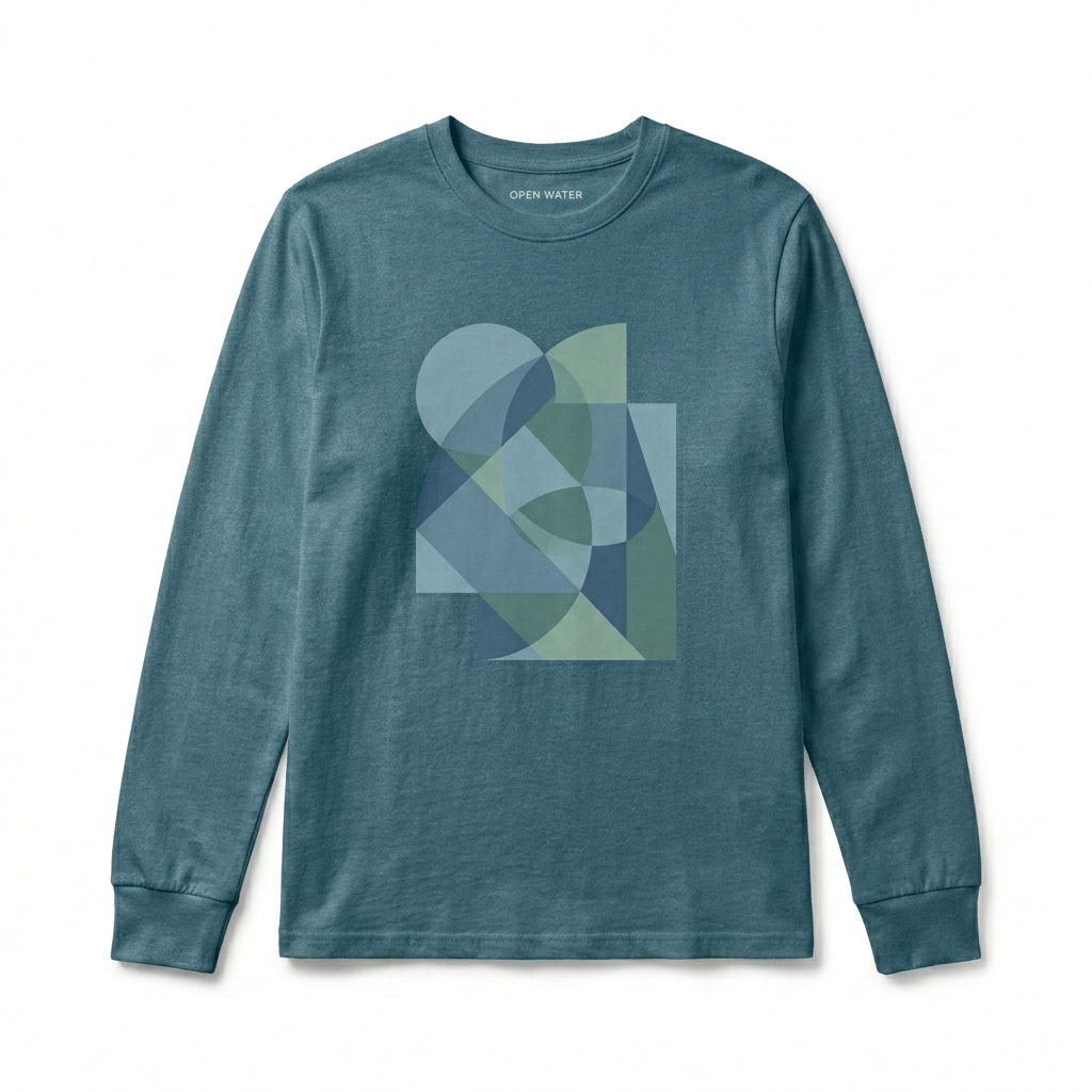 Custom Unisex Long Sleeve Tee design direction 2: Bold Abstract Graphic featuring the OPEN WATER wordmark