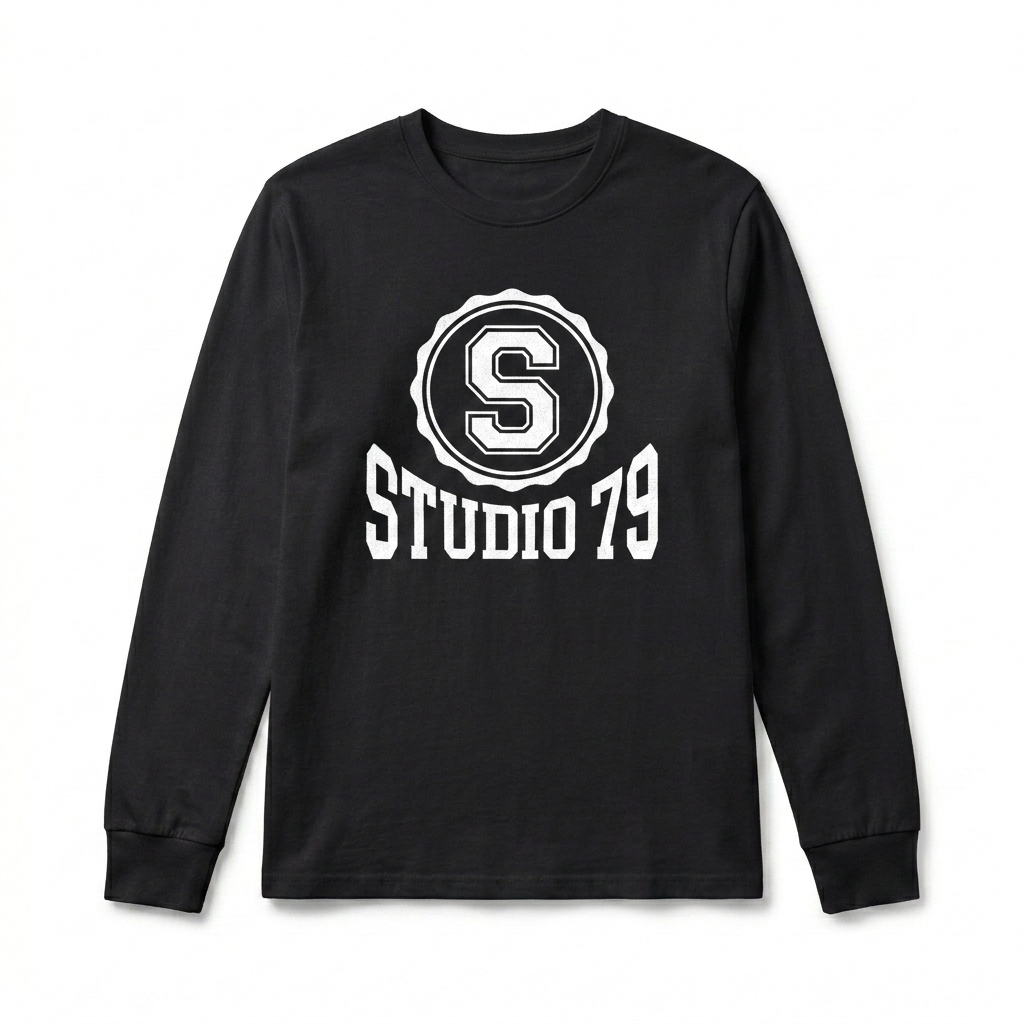 Custom Unisex Long Sleeve Tee design direction 3: Retro Collegiate Emblem featuring the STUDIO 79 wordmark