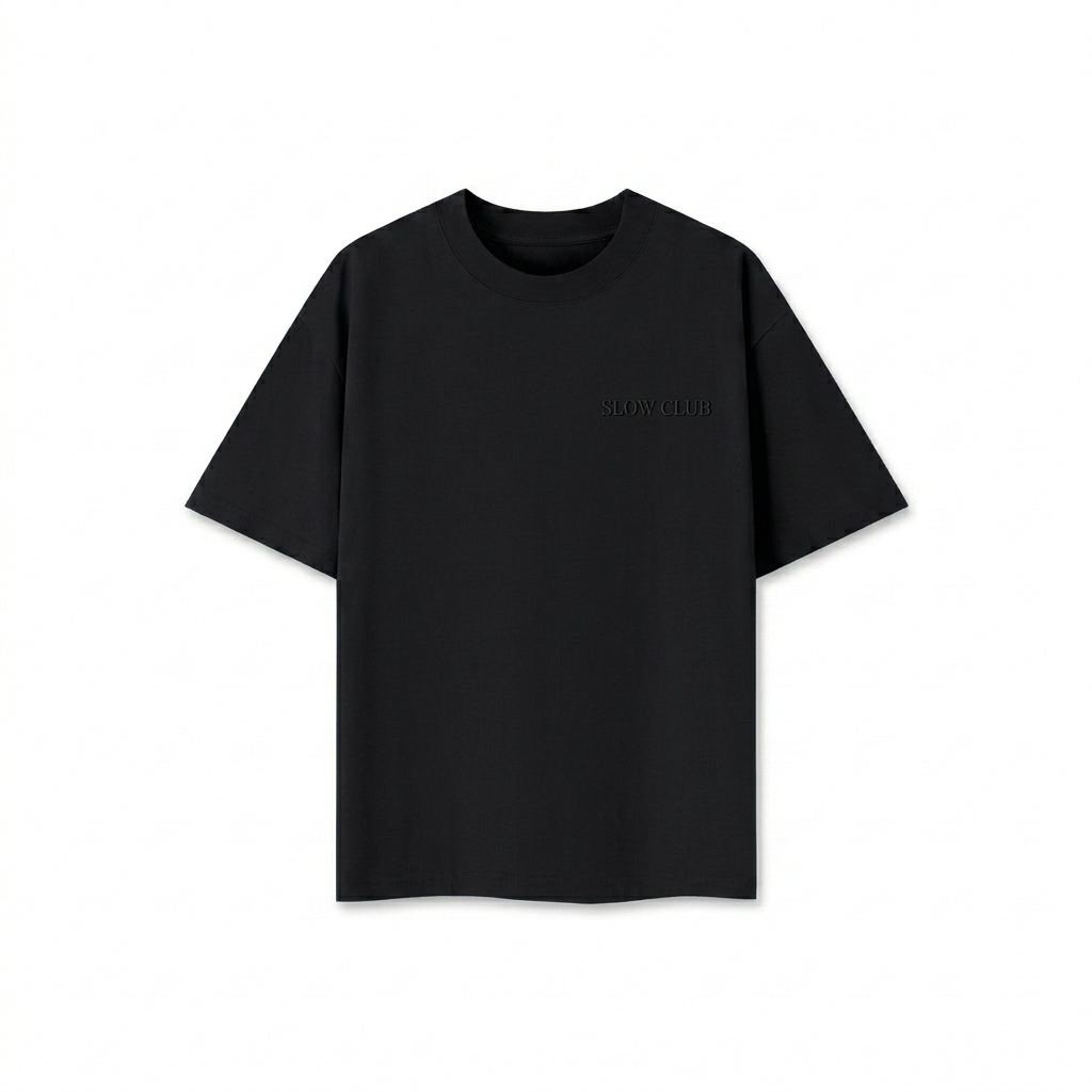 Custom Unisex Loose Drop Shoulder T-Shirt design direction 1: Tonal Minimalist Wordmark featuring the SLOW CLUB wordmark