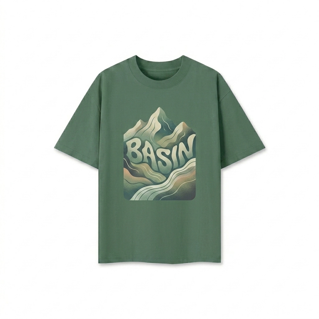 Custom Unisex Loose Drop Shoulder T-Shirt design direction 2: Abstract Landscape Graphic featuring the BASIN wordmark