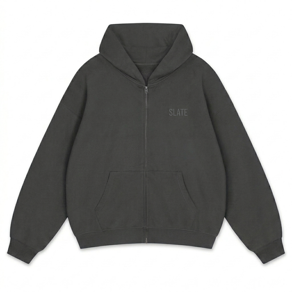 Custom Unisex Loose Fit Full-Zip Hoodie design direction 1: Tonal Minimalist Wordmark featuring the SLATE wordmark