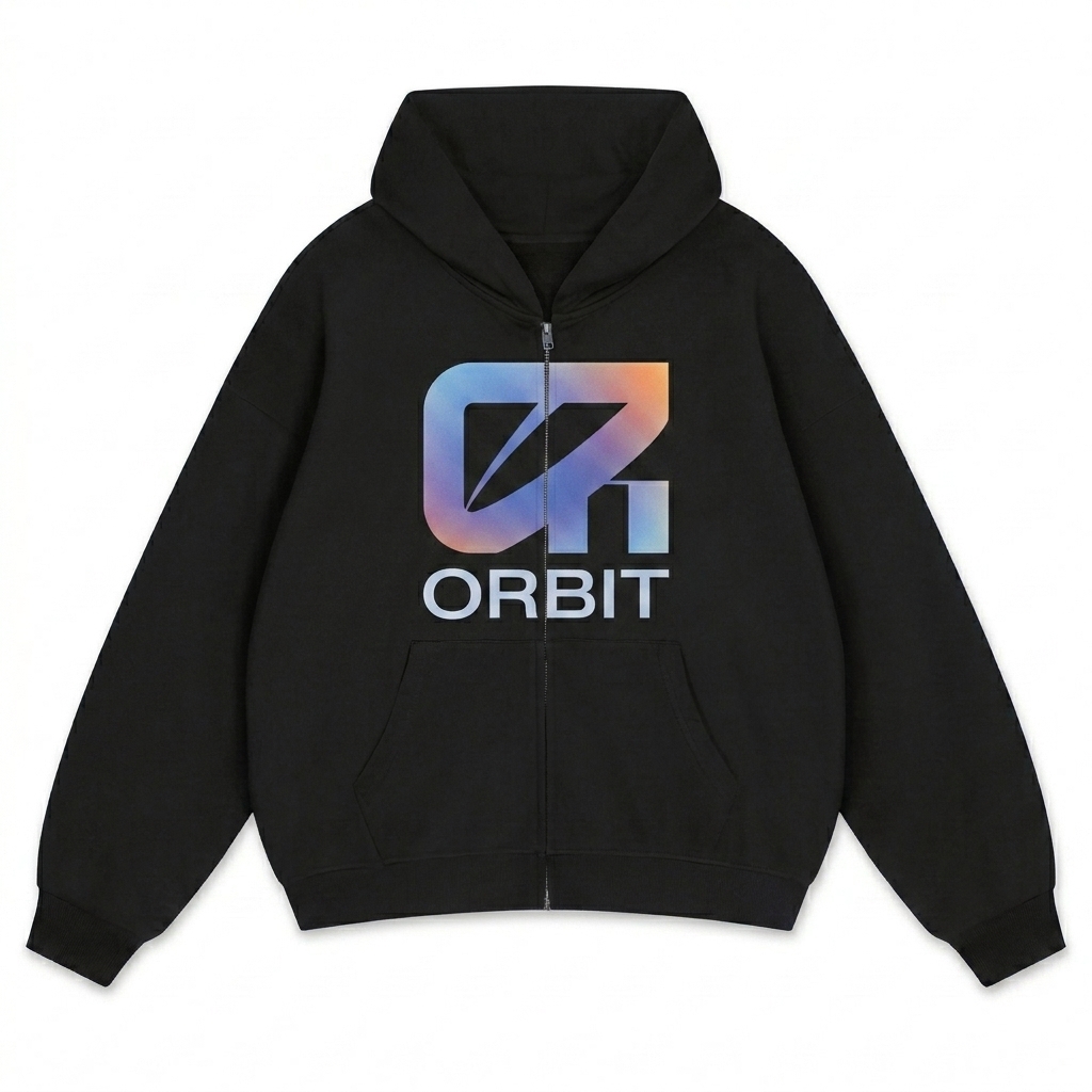 Custom Unisex Loose Fit Full-Zip Hoodie design direction 2: Bold Abstract Graphic featuring the ORBIT wordmark