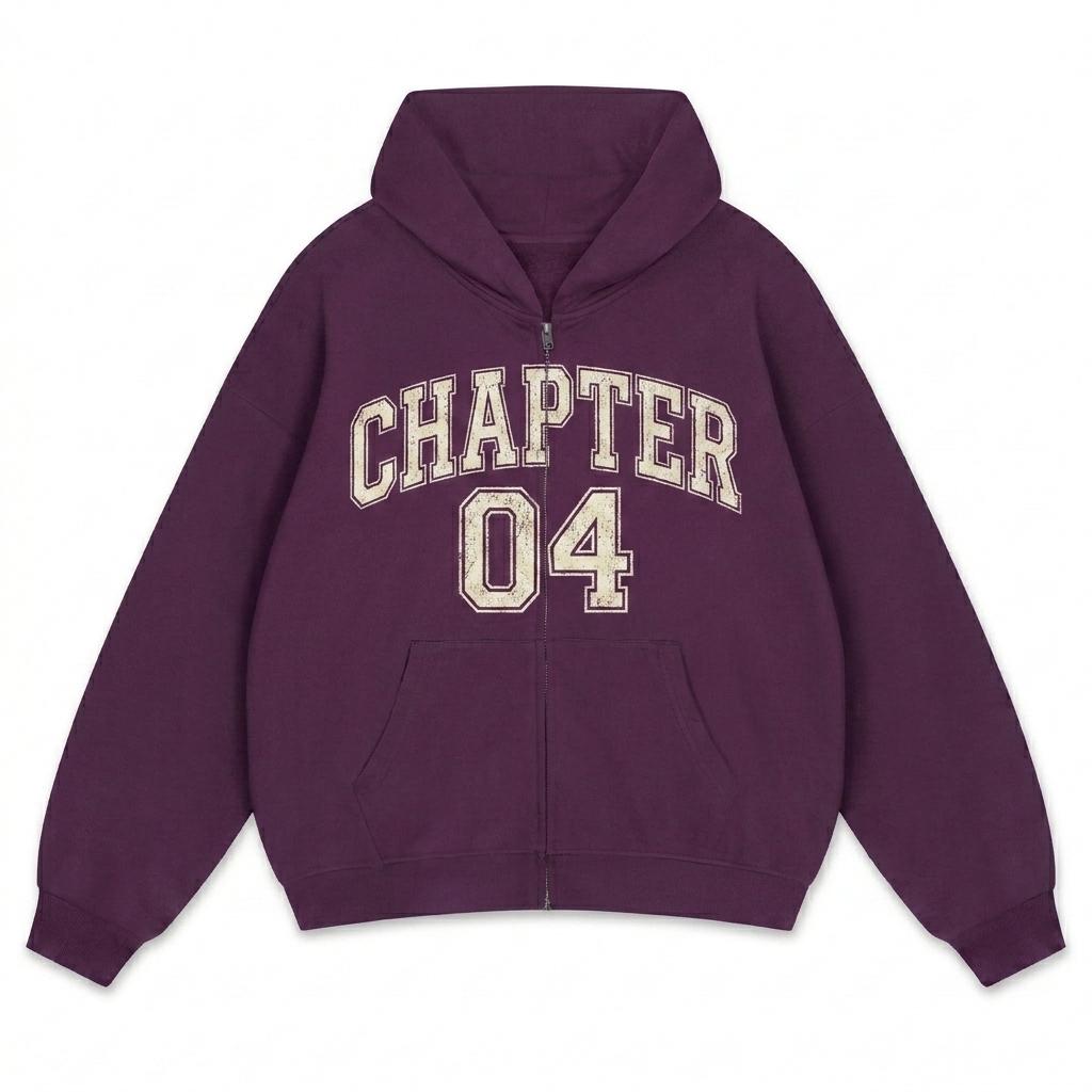 Custom Unisex Loose Fit Full-Zip Hoodie design direction 3: Retro Collegiate Emblem featuring the CHAPTER 04 wordmark