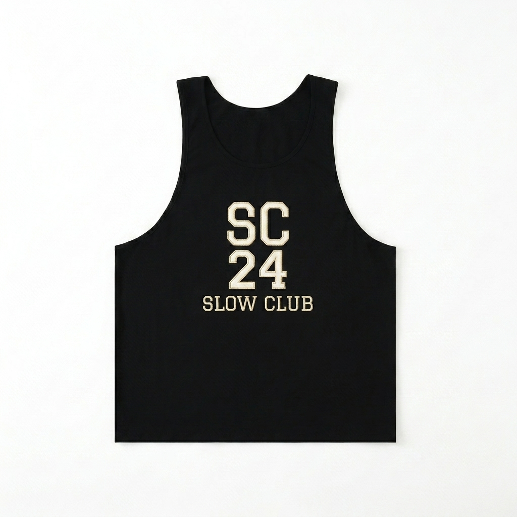 Custom Unisex Loose Tank Top design direction 3: Retro Collegiate Emblem featuring the SLOW CLUB wordmark